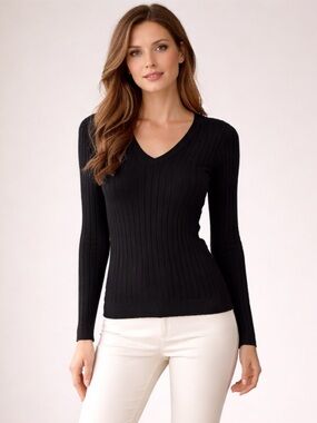 NWOT Evolution by Cyrus Ribbed V‑Neck Black Sweater Spring Fitted Classic